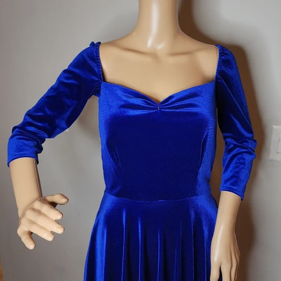 blue velvet swing dress Petite Carolina Long Velvet V-Neck Sequin Sleeve Dress